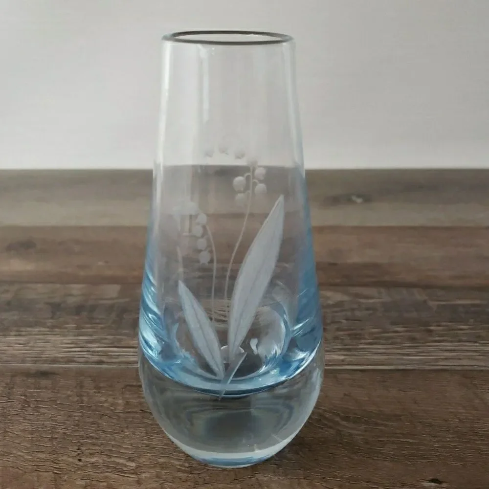 Lily of the Valley Swedish Etched Crystal Vase 6” Bubble Vintage MCM Glass